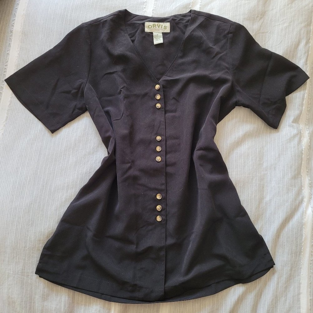 Orvis Button Up Oversized Tunic Short Sleeve Top, Black, Size Small